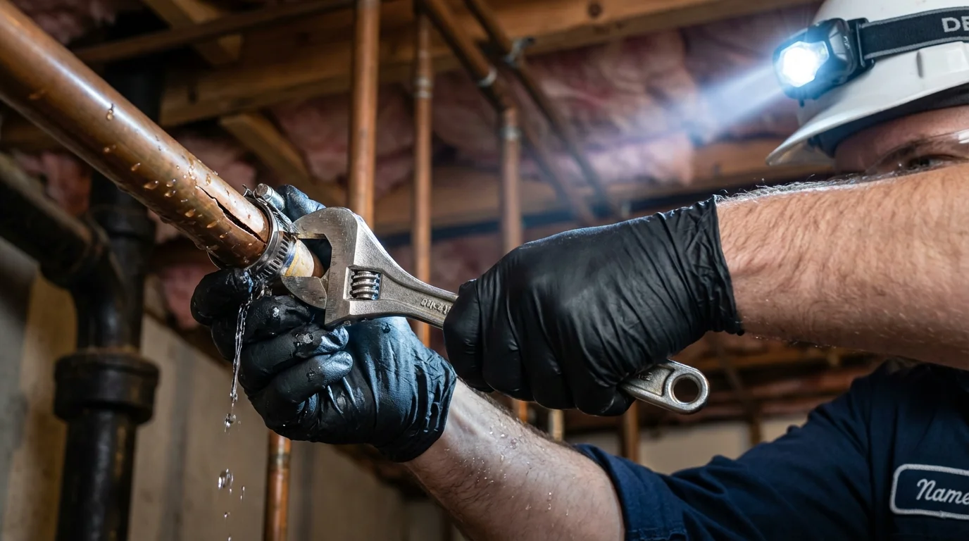 Emergency pipe clamp repair being performed by a Johns Plumbing LLC plumber in Gainesville