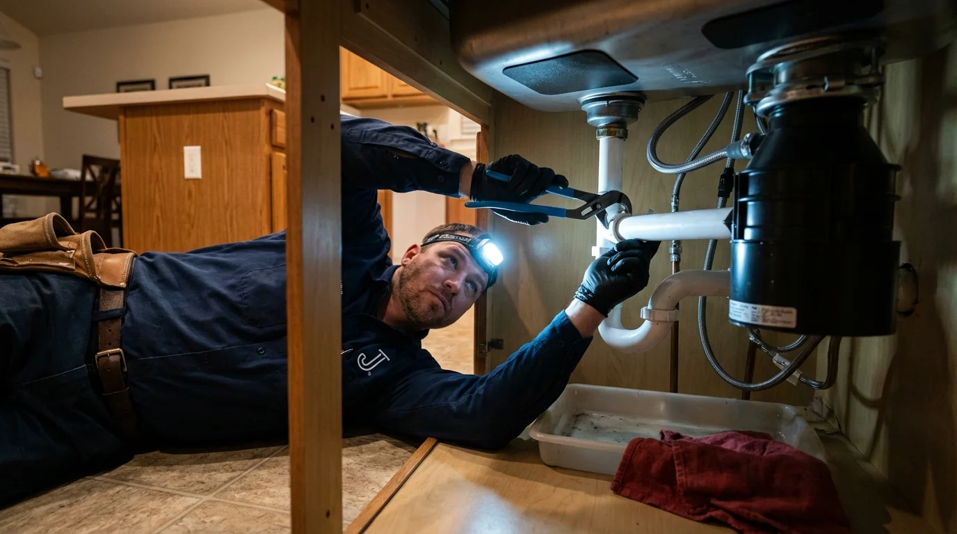 P-trap and supply line connections under a kitchen sink showing a common leak point in Gainesville, VA